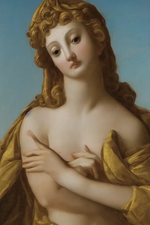 Image similar to Beautiful girl, calm face, closeup, ultra detailed, made in gold, Guido Reni style