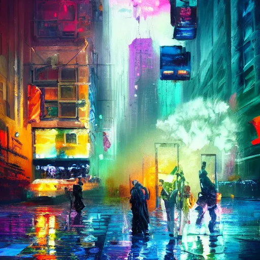 Prompt: acrylic painting, impressionism and expressionism, strong emotional impact, bold pastel colors, expressive brushstrokes, puddles, an art deco streetscape lined with beautiful flowers, by liam wong and tyler edlin, trending on artstation