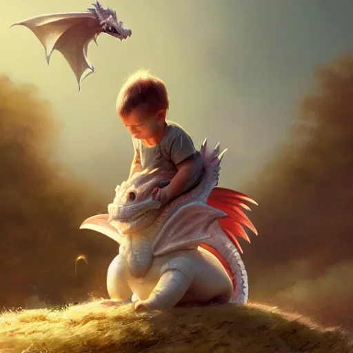 Image similar to a whimsical portrait of a little baby angel riding on a cute dragon pet by Greg Rutkowski, Sung Choi, Mitchell Mohrhauser, Maciej Kuciara, Johnson Ting, Maxim Verehin, Peter Konig, final fantasy, Marco lense, photorealistic 8k, cinematic lighting, HD, high detail, atmospheric, trending on artstation