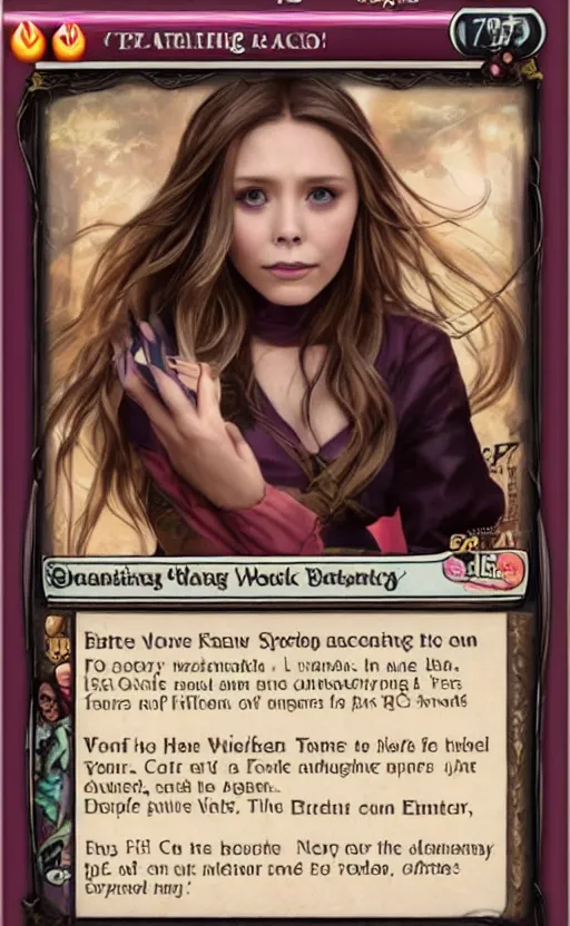 Image similar to mtg card trading, fantasy mtg card of elizabeth olsen, screenshot