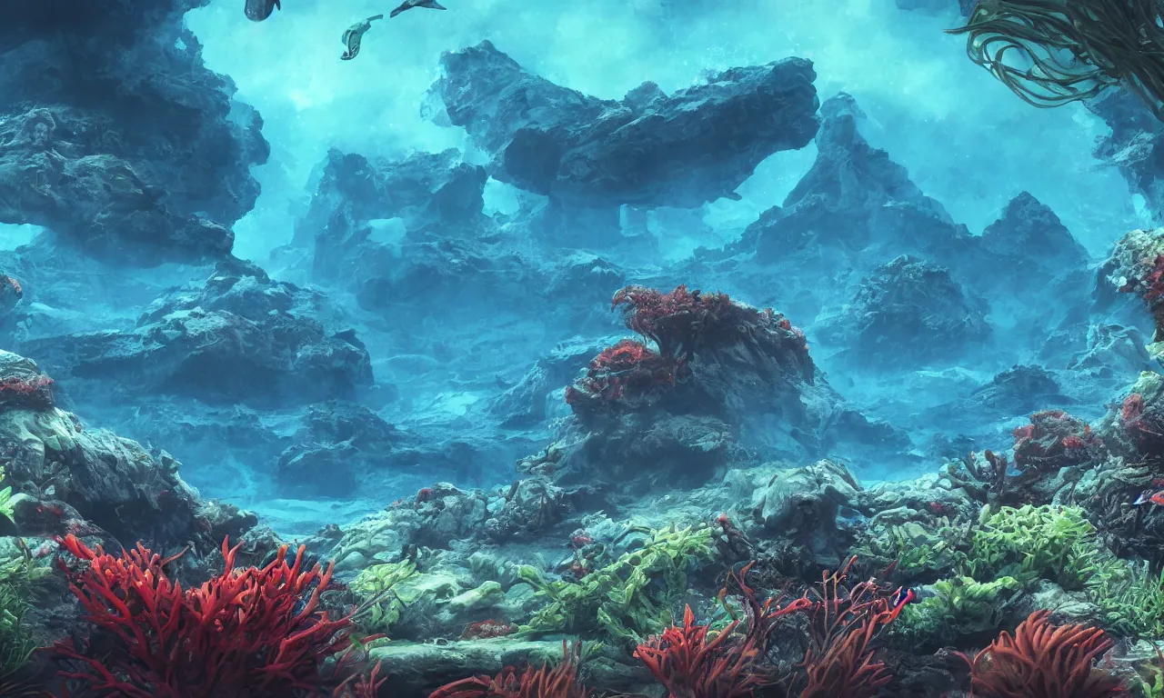 Prompt: Alien world underwater on the ocean bed, deep blue water color, cinematic perspective, slight green and red plant life around, small alien fish swimming in the background, matte painting, Artstation