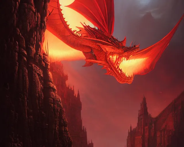 Image similar to highly detailed portrait of red dragon, in dragon age : inquisition, stephen bliss, unreal engine, fantasy art by greg rutkowski, loish, rhads, ferdinand knab, makoto shinkai and lois van baarle, ilya kuvshinov, rossdraws, tom bagshaw, global illumination, radiant light, detailed and intricate environment