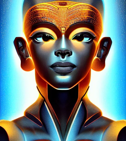 Prompt: symmetry!! egyptian god of technology, solid cube of light, hard edges, product render retro - futuristic poster scifi, lasers and neon circuits, beautiful brown skin god egyptian god, intricate, elegant, highly detailed, digital painting, artstation, concept art, smooth, sharp focus, illustration, dreamlike, art by artgerm