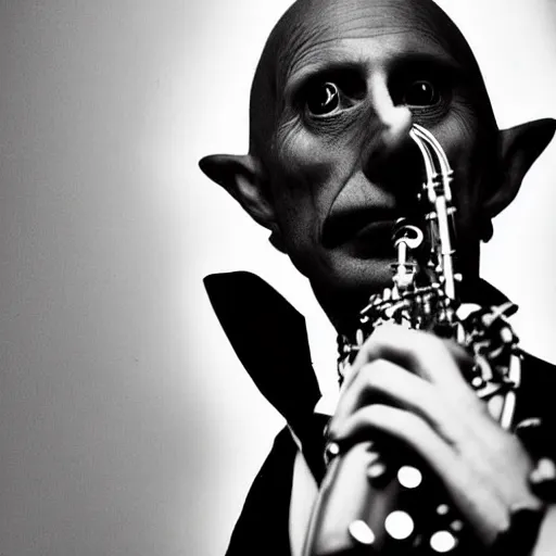 Prompt: count orlok saxophone solo, worms eye view, emotionally intense photograph, black and white