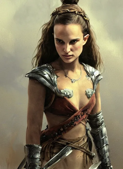 Image similar to young natalie portman, legendary warrior, fighter, lord of the rings, tattoos, decorative ornaments, battle armor, carl spitzweg, ismail inceoglu, vdragan bibin, hans thoma, greg rutkowski, alexandros pyromallis, cute, perfect face, detailed, sharply focused, centered, rule of thirds, photorealistic shading