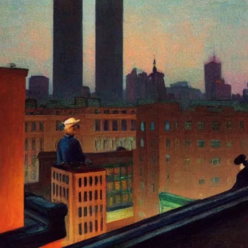 Image similar to a small rooftop with a couple of people sitting and watching the view, shanghai bund is on the background, night, by edward hopper