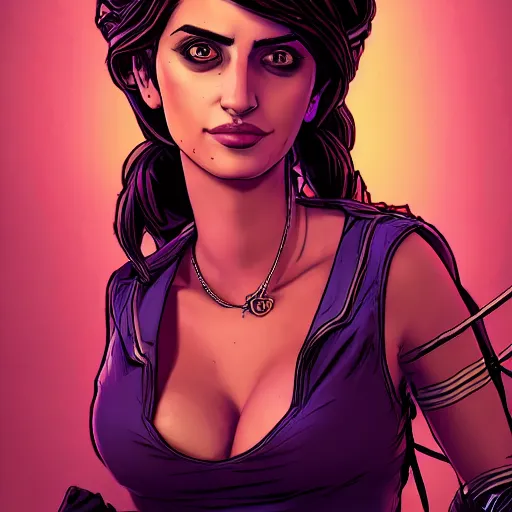 Image similar to penelope cruz portrait, borderlands, tales from the borderlands, the wolf among us, comic, cinematic lighting, studio quality, 8 k