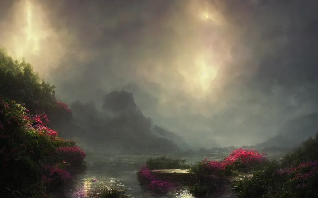 Image similar to ta ha, volumetric lighting, highly detailed, by greg rutkowski, complementing colors, god looking at me, heavy rainy, lofty heavens, water reflection, flowers, hyper realistic, concept art, 8 k detail post - processing, arcane style