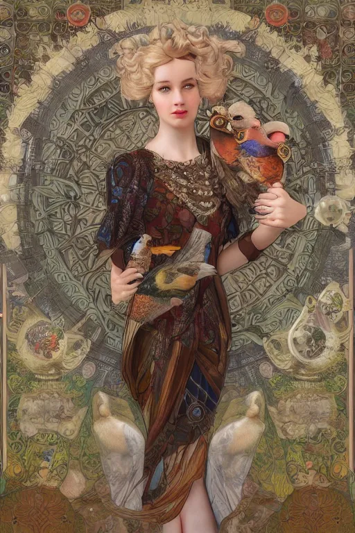 Image similar to zoomed out 3 d render of english princess holding birds, ornaments, mucha vibe, dieselpunk, solarpunk, artstation