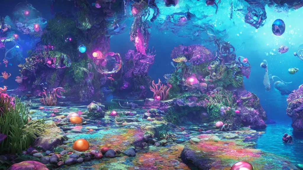 Image similar to Vivid ultra realist and ultra intricate detailed 3d render of an underwater environment with mermaids silhouettes, squids, ruins, translucid eggs, bubbles, elegant, reflections, focus, volumetric water, rainbow lighting, award winning, trending in cgsociety artstation deviant art, octane render, by Beeple