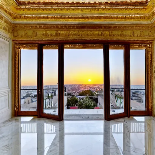 Image similar to the interior of a house with very high ceilings with white marble walls and floors with gold details with huge windows where you could see the sunset