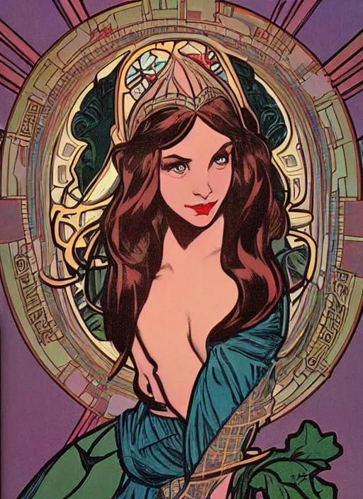 Image similar to a beautiful young woman. she is a woodland elf. well composed, clean elegant painting, beautiful detailed face. retro comic book art by steve ditko and jack kirby and ( alphonse mucha )