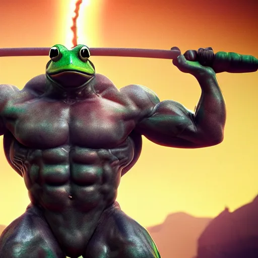 Image similar to a frog solider with muscles standing on two feet and lifting a planet, cinematic lightning, 8 k, octane, digital art, matte painting, vivid colors