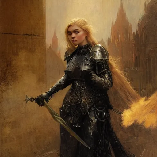 Image similar to blonde florence pugh, wearing dark black ornamented medieval armour, detailed, by gaston bussiere, bayard wu, greg rutkowski, giger, maxim verehin, greg rutkowski, masterpiece, sharp focus,