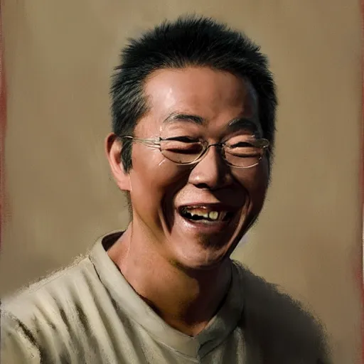 Prompt: a happy asian man, painted by Craig Mullins