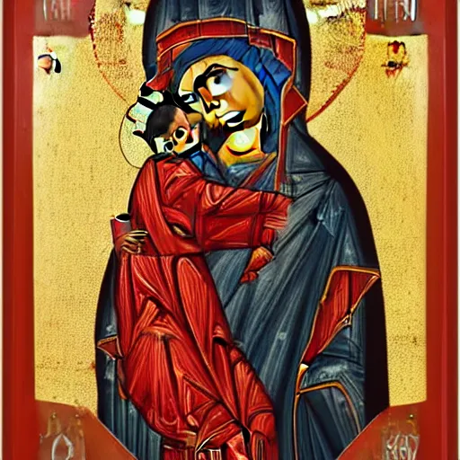 Image similar to red and silver icon of the Theotokos