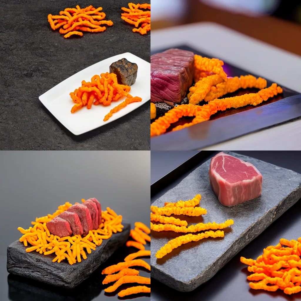 Prompt: kobe beef and cheetos served on a stone tablet, michelin star restaurant 4K photo