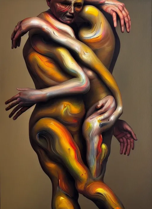 Prompt: a strange, biomorphic painting of two humanoid figures entwined, in the style of jenny saville, in the style of charlie immer, part by gerhard richter, highly detailed, dramatic, emotionally evoking, head in focus, volumetric lighting, oil painting, timeless disturbing masterpiece