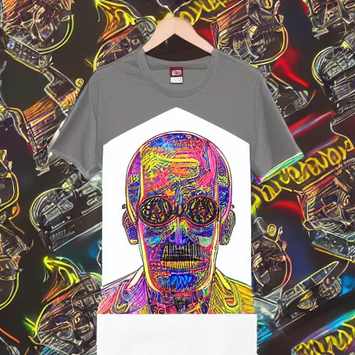 Image similar to mockup of a black tshirt with a hyperdetailed portrait of a steampunk robot by hajime sorayama, 8 k, symetrical, flourescent colors, happy trippy mood, multicolored,