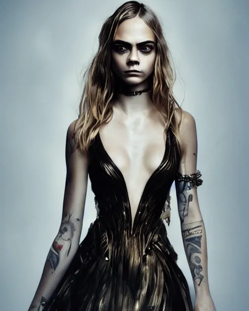 Prompt: portrait of cara delevingne wearing a smoldering dress by Alexander McQueen, Elden Ring, raymond swanland, trending on artstation