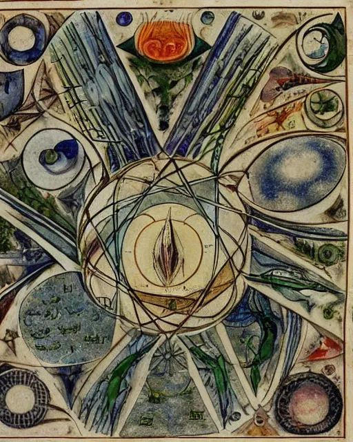 Prompt: a diagram of the esoteric alchemical process, reminiscent of the voynich manuscript