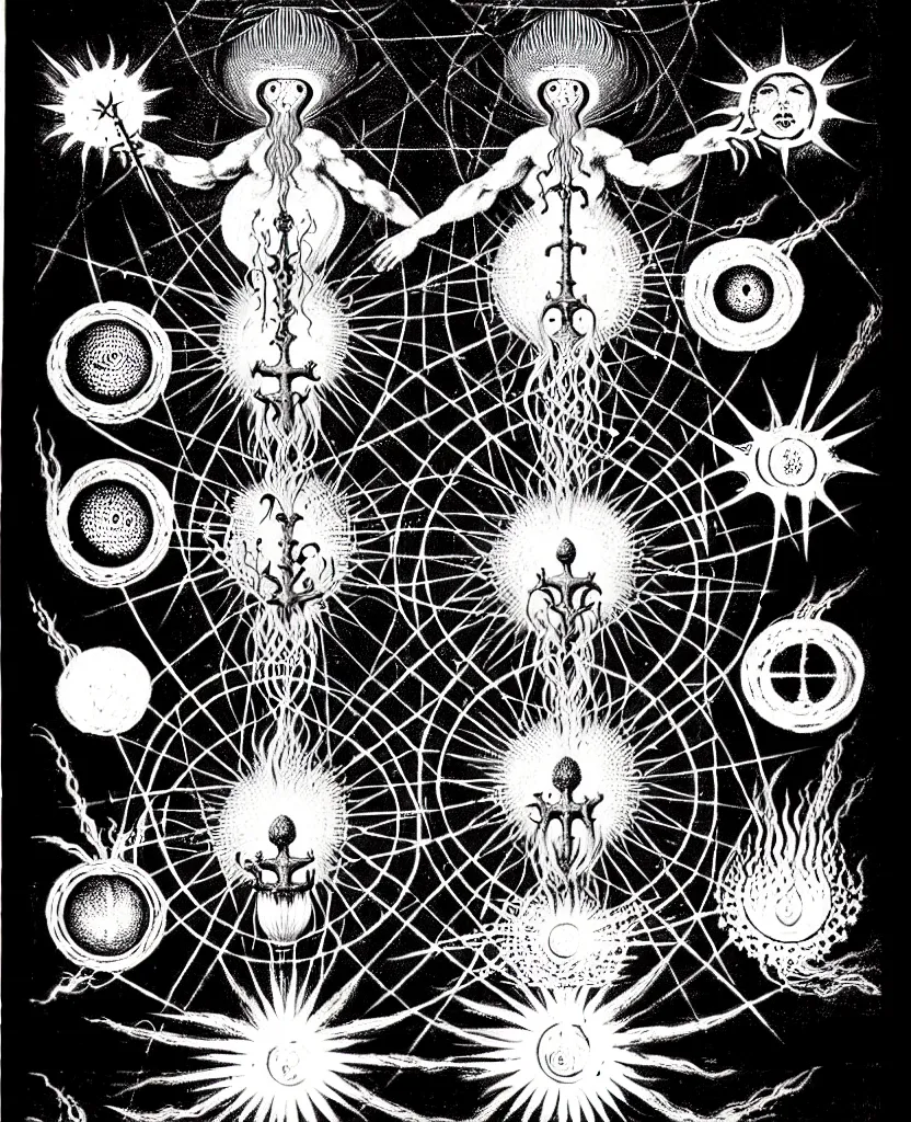 Image similar to alchemical fiery creature sings a unique canto about'as above so below'being ignited by the spirit of haeckel and robert fludd, breakthrough is iminent, glory be to the magic within