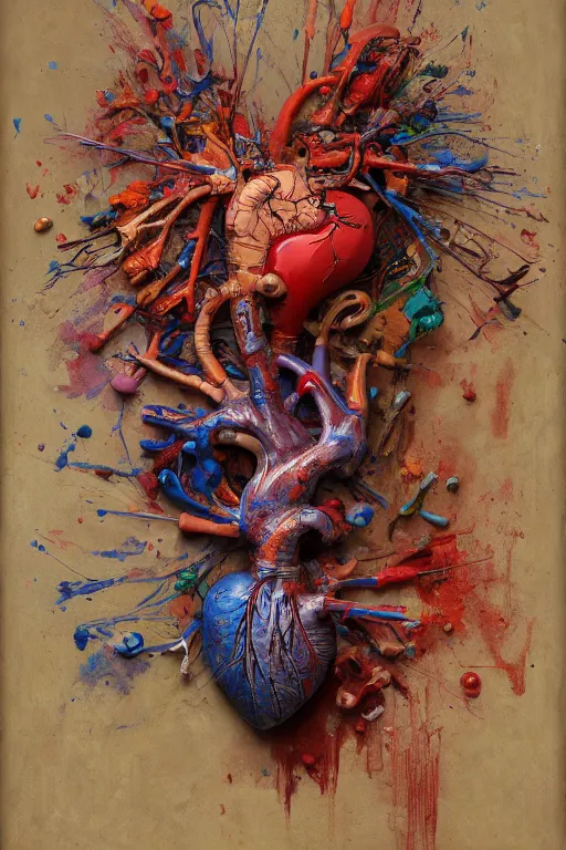 Image similar to accurate anatomical heart imagined as painting palette, wood boart palette, paintbrushes, paint mix, painted by ruan jia, raymond swanland, lawrence alma tadema, zdzislaw beksinski, norman rockwell, jack kirby, tom lovell, alex malveda, greg staples, artgerm, greg rutkowski and alphonse mucha