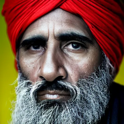 Image similar to portrait of president barack obama as afghan man, green eyes and red turban looking intently, photograph by steve mccurry