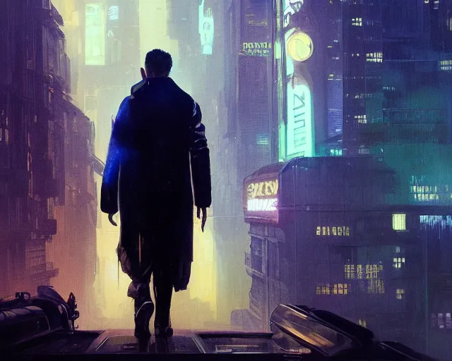 Image similar to 2 0 1 8 blade runner movie still clint eastwood look at the cityscape from roof perfect face fine realistic face pretty face reflective polymer suit tight neon puffy jacket blue futuristic sci - fi elegant by denis villeneuve tom anders zorn hans dragan bibin thoma greg rutkowski ismail inceoglu illustrated sand storm alphonse mucha