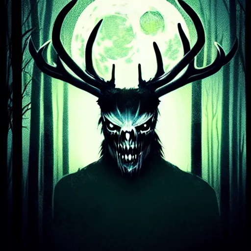 Prompt: in the style of artgerm, steve niles, rafael albuquerque, wendigo in the forest emerging from the shadows, deer skull face, antlers, fog, full moon, moody lighting, horror scary terror