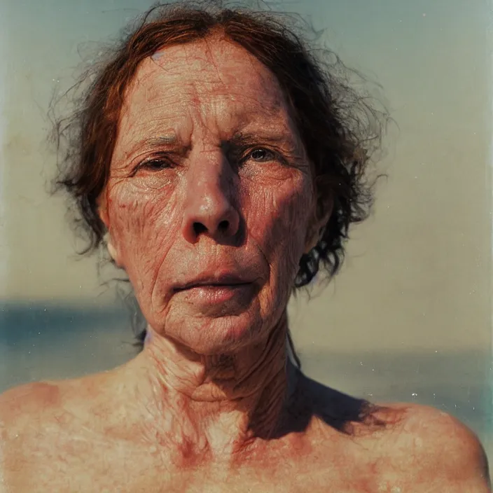 Image similar to closeup portrait of a woman wrapped in bio fabric, standing on shore of zakynthos greece, color photograph, by vincent desiderio, canon eos c 3 0 0, ƒ 1. 8, 3 5 mm, 8 k, medium - format print