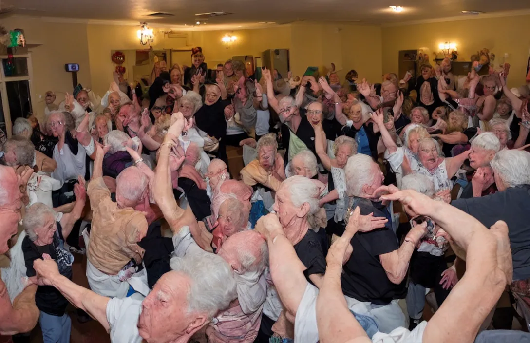 Image similar to a mosh pit at a nursing home with flashing lights