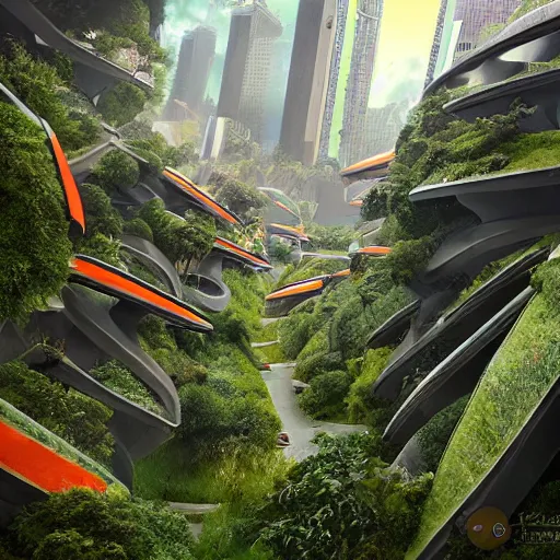 Image similar to overgrown futuristic sci - fi reisroute colombia medellin, orange dawn, hyperrealistic