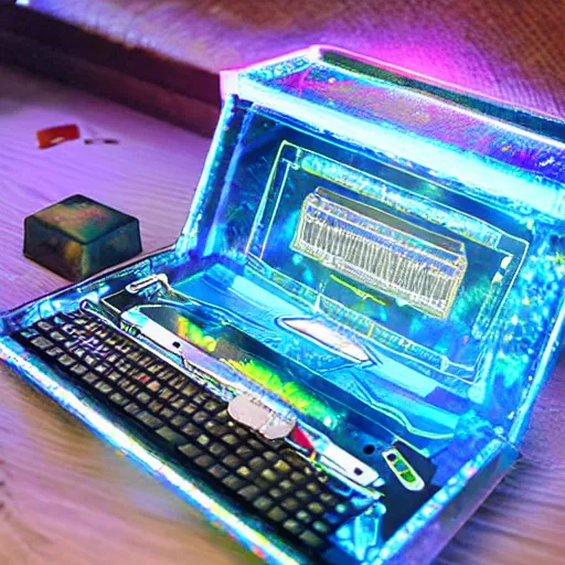 Image similar to holographic crystal ancient computer contraption used to play holo digital board duel games outdoor scene