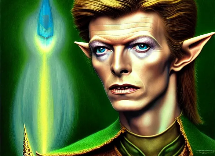 Image similar to portrait shot of young david bowie as link the elf in zelda 1 9 8 0, intricate, elegant, highly detailed, centered, digital painting, artstation, concept art, smooth, sharp focus, illustration, artgerm, tomasz alen kopera, peter mohrbacher, donato giancola, joseph christian leyendecker, wlop, boris vallejo