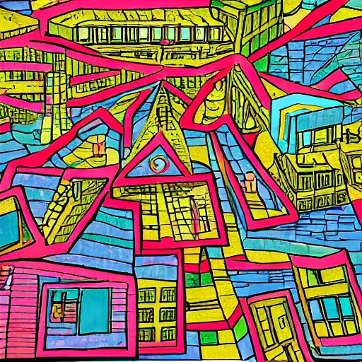 Image similar to a chinese prison, in the style of daniel johnston and outsider art, 8 k, line brush, minimal, brightly coloured, flat blocks of color, overlaid with chinese adverts