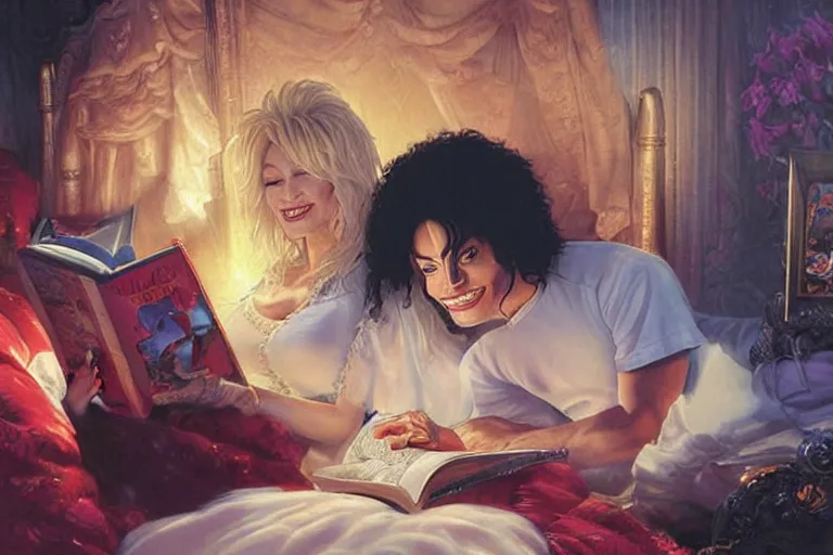 Image similar to portrait of dolly parton reading a bedtime story to michael jackson in bed, an oil painting by ross tran and thomas kincade