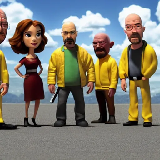 Image similar to cast of breaking bad in a pixar 3 d movie, 4 k