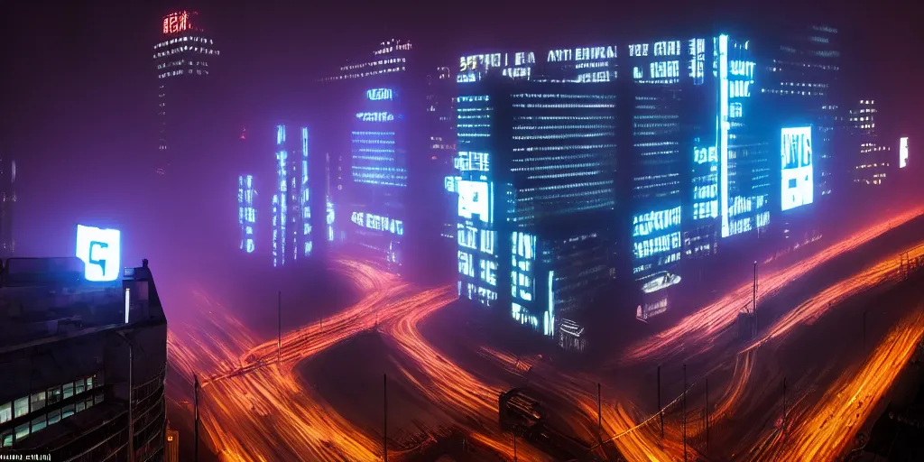 Image similar to giant illuminated advert screens, megacity streets seen from above, eerie fog, neon signs, blade runner, ex machina