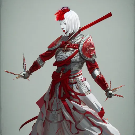 Prompt: albino maiko in a ornated armor preparing for war, full body, dynamic pose, red and white neon, concept art, intricate details, highly professionally detailed, cgsociety, highly detailed -