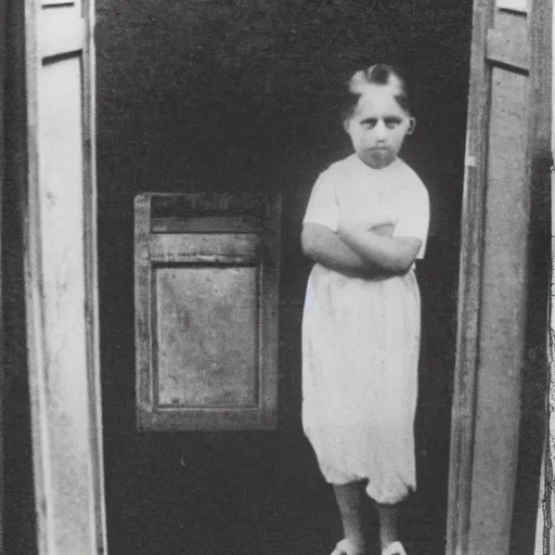 Image similar to creepy child standing behind a window of an old villa. 1 9 2 0 s black and white photo taken from outside. eerie, foggy.