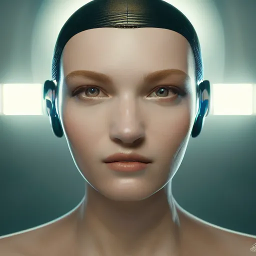 Image similar to portrait of a beautiful bioengineered female wearing a luminescent bodysuit, Tron environment, reflections, focus, detailed, realistic eyes, horizontal partial symmetry body features proportions, intricate facial skin details, award winning, trending in cgsociety artstation deviant art, octane render