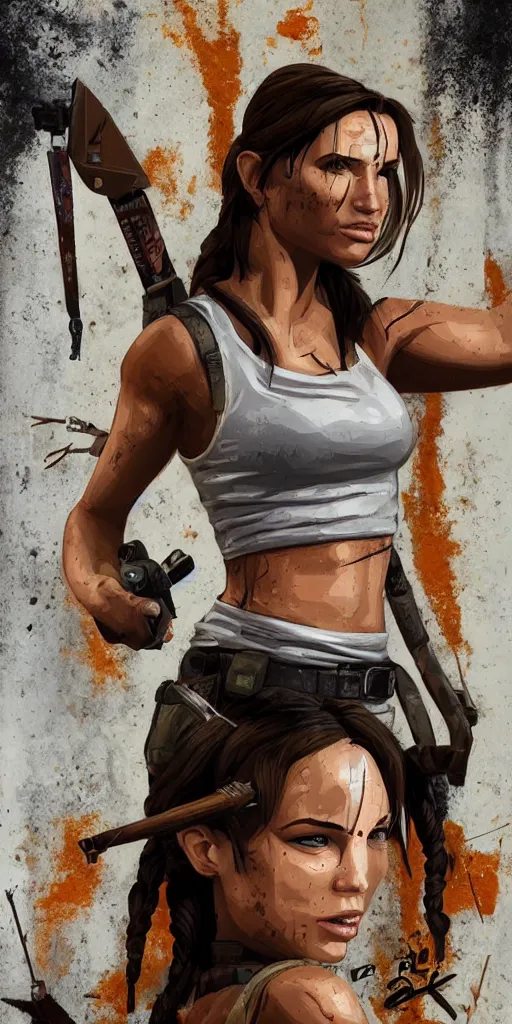 Image similar to portrait of lara croft in the style of 3 d! graffiti, gradients, extreme wide angle, arrows, drips, in the style of daim, totem, fleks, odeith