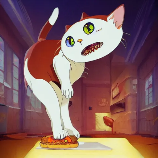 Prompt: deeply feared and terrified cat running away from the giant carnivorous sandwich, artstation hq, dark phantasy, stylized, symmetry, modeled lighting, detailed, expressive, true unsimulated emotions, created by hayao miyazaki