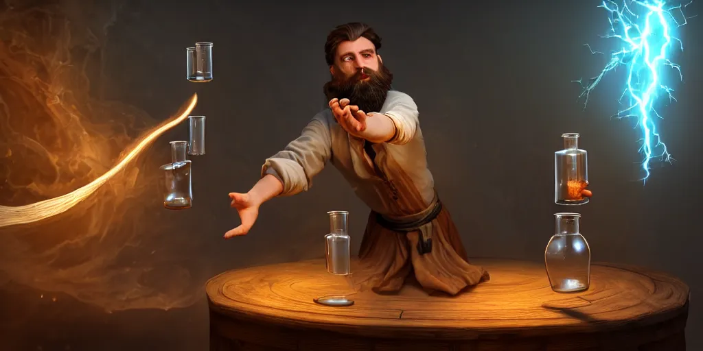 Prompt: a handsome bearded caucasian male sorcerer with brown hair he is casting a spell with flowing energy, he is in a alchemist lab filled with beakers and equipment, neutral pose, epic composition, 4 k, light rays, by dave melvin 1. 0 | dan luvisi 1. 0 | jason chan 2. 5