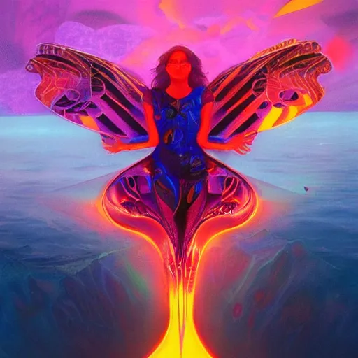 Image similar to psychedelic tron wings in front of a lsd sunset, cliffside ocean scene, diffuse lighting, hyper realistic, elegant, intricate, hyper detailed, smooth, sharp focus, concept art, illustration, trending on artstation, art by artem demura, greg rutkowski, james gurney, and alphonse mucha