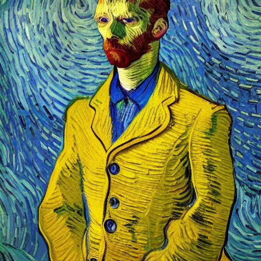 Image similar to a beautiful suit made out of a van gogh painting, on a mannequin. studio lighting, high quality, high resolution