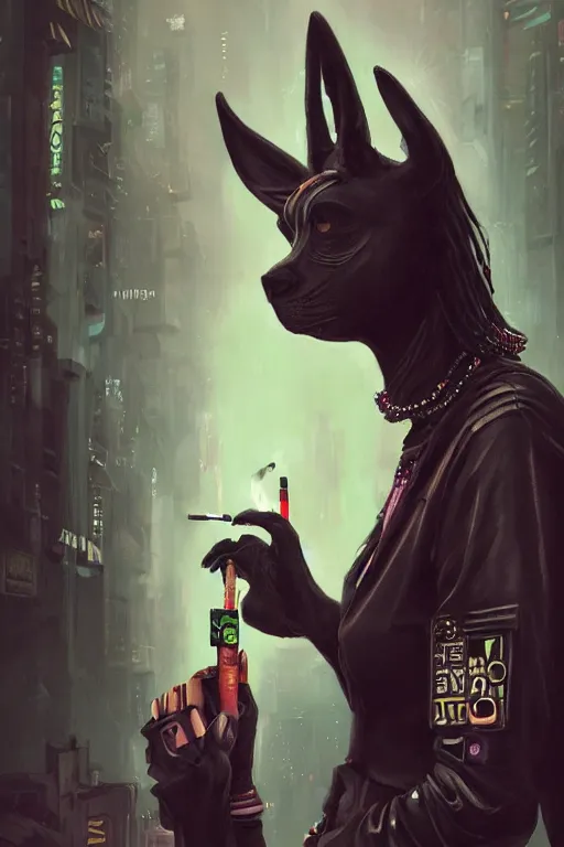 Image similar to beautiful portrait of a tall female anthro anubis smoking a cigarette in a bustling crowd of a rainy city street, goth punk clothes, cyberpunk, harsh neon lights, highly detailed, sharp focus, digital painting, illustration, trending on artstation, art by sakimichan, wlop, greg rutkowski