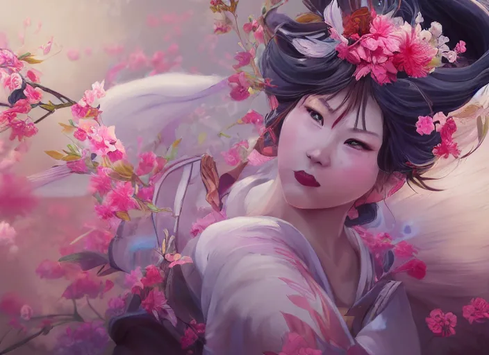 Image similar to character concept art of a girl wearing japanese kimono surrounded by spirit blossoms, wonderful shading, realistic face, concept art, dynamic pose, digital illustration, trending on artstation, intricate details, epic composition, sharp focus, 8 k uhd, masterpiece, league of legends splash art