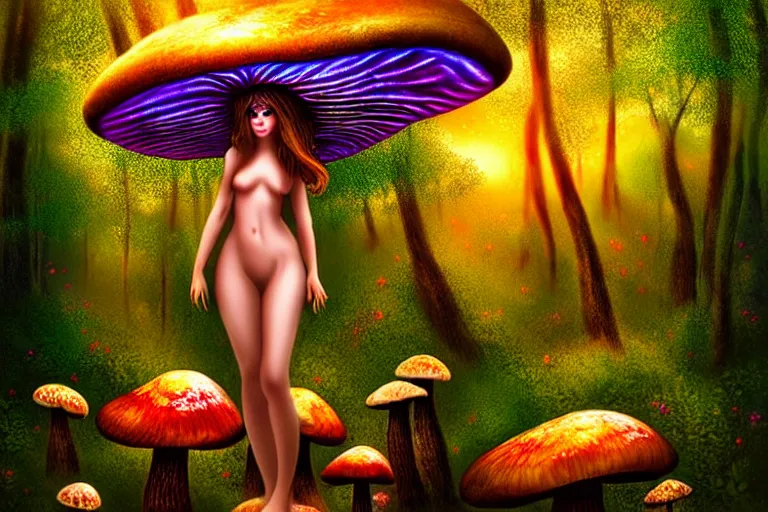 Image similar to a realistic portrait of a beautiful mushroom goddess in an enchanted psychedelic mushroom forest, at sunset, wlop,